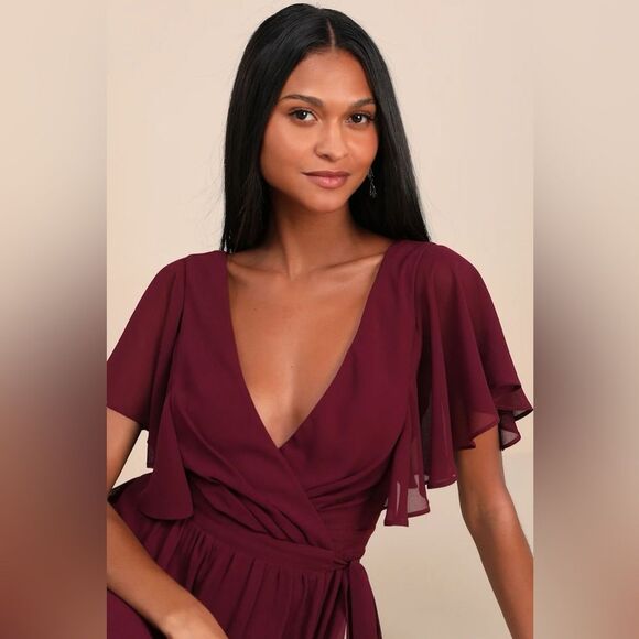 Lulus Convincing Grace Burgundy Flutter Sleeve Wrap Maxi Dress Size Large NEW - Picture 3 of 12
